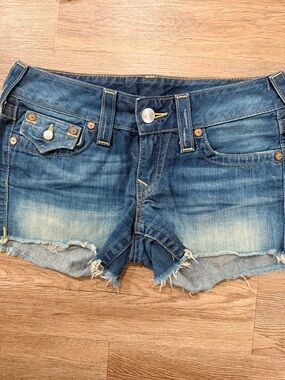True Religion Distressed Blue Washed Denim Cutoff Shorts